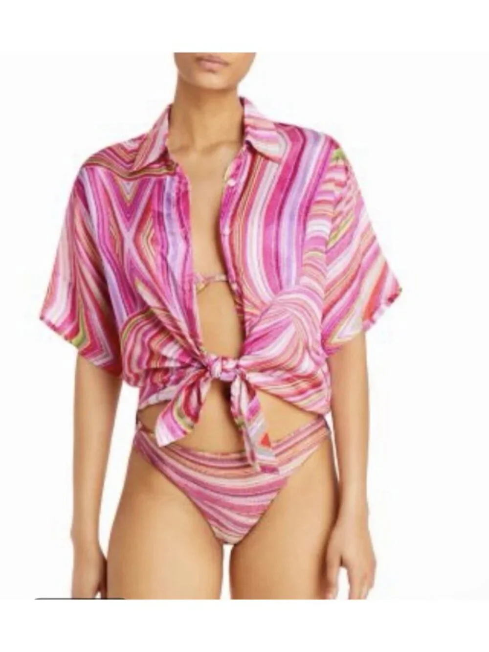 Frankies Bikinis Women’s Button Up Top in Pink Pattern Size XL